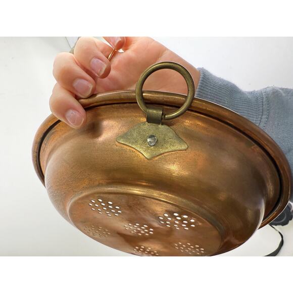 Antique Copper Sieve Strainer Wall Hanging, Vintage, Solid with Brass Hanger - Picture 6 of 9